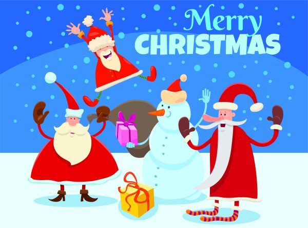 Santas and Snowman
