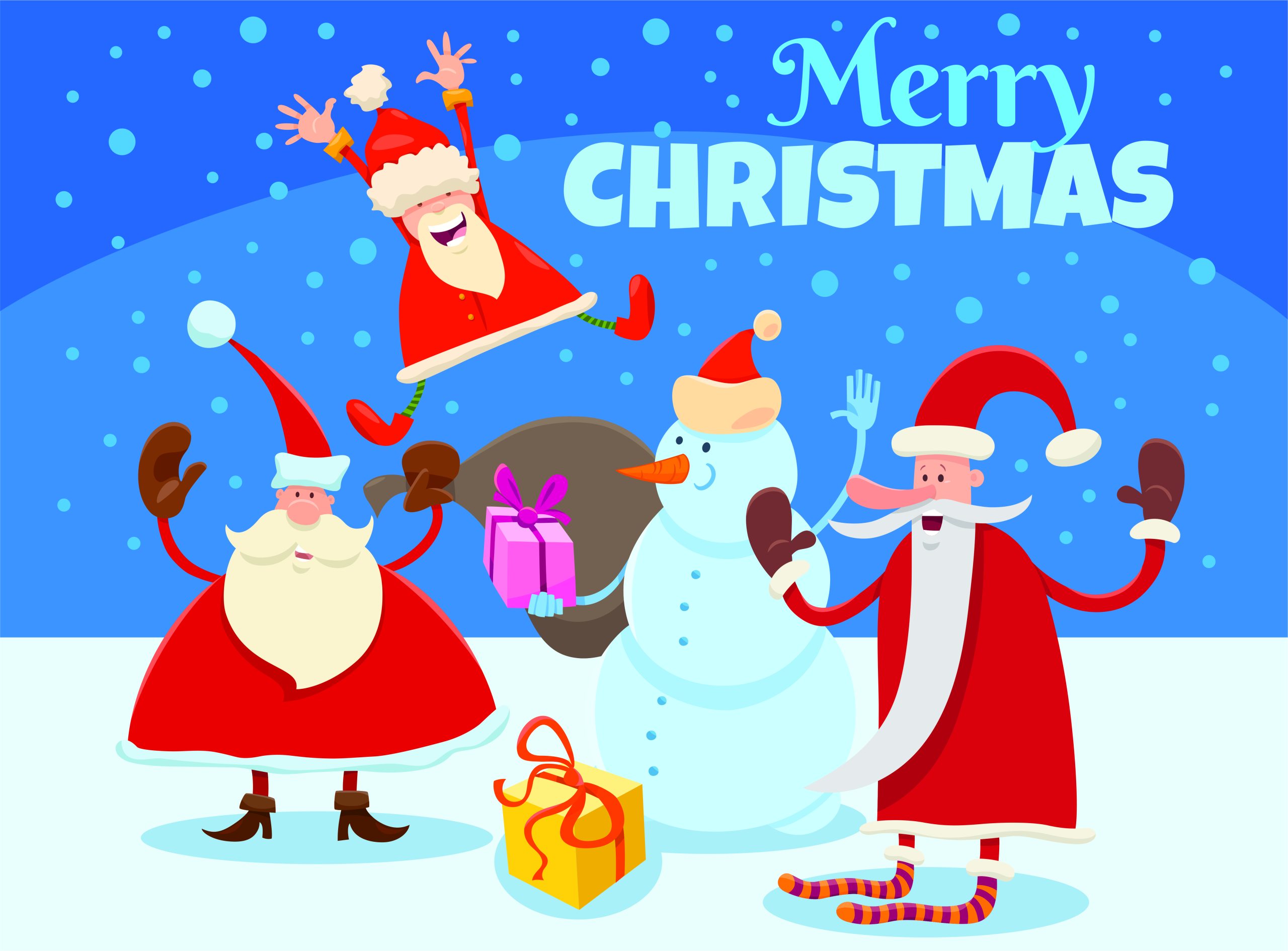 Santas and Snowman