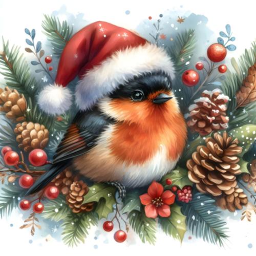 Festive Robin with Santa Hat