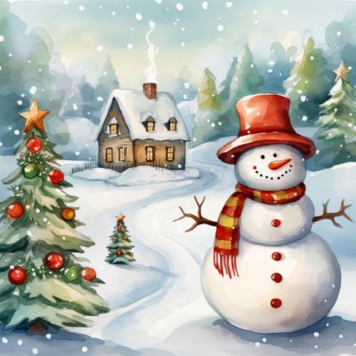 Snowman with Red Hat and Scarf