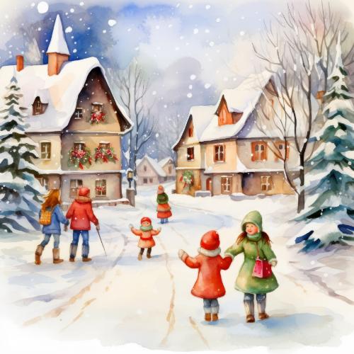 Village Street with Festive Families