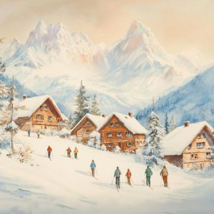 Ski Lodge and Mountain Scene
