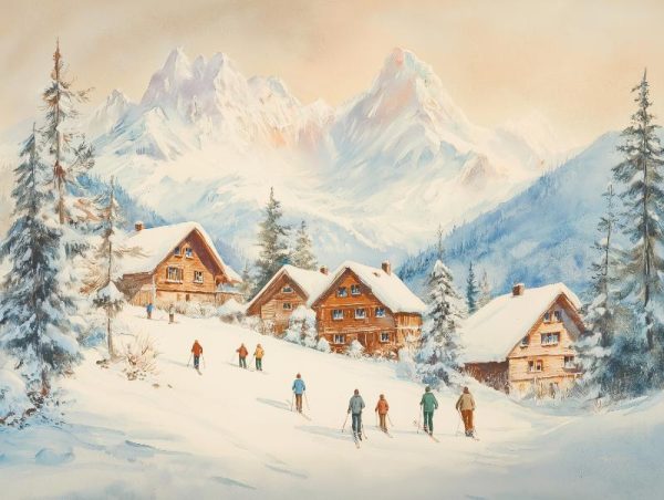 Ski Lodge and Mountain Scene