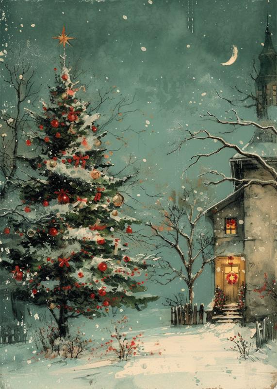 Snowy Tree and Cottage Scene