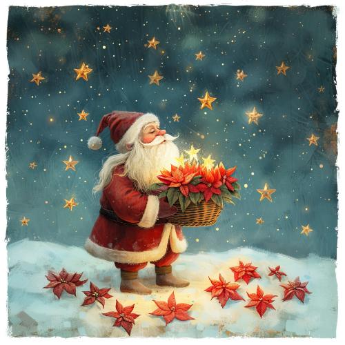 Santa with Basket of Poinsettias