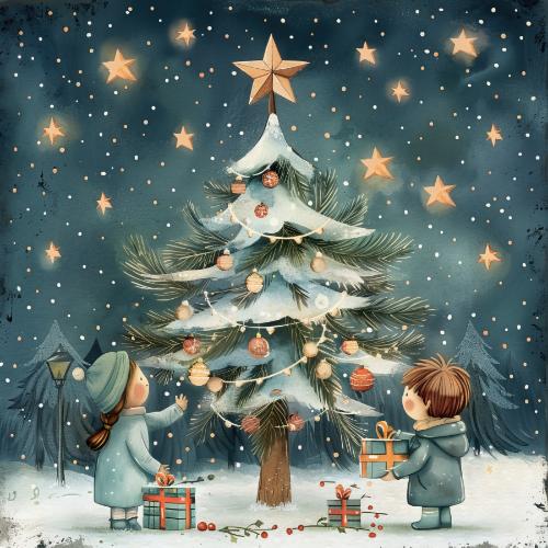 Children Decorating Christmas Tree