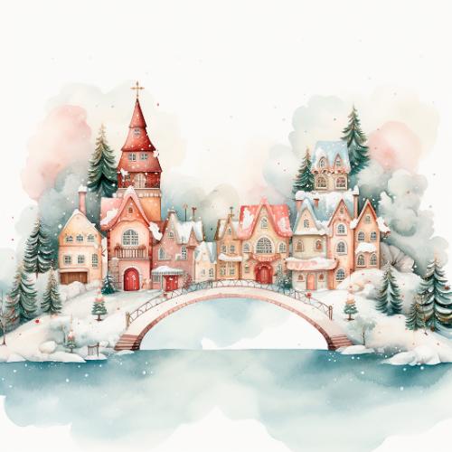Snowy Village with Bridge