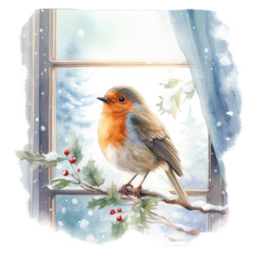 Robin on Holly Branch by Window