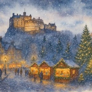 Edinburgh Castle and Market Snowy Scene