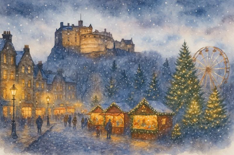 Edinburgh Castle and Market Snowy Scene