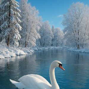 Elegant Swan on Snowy Winter River
