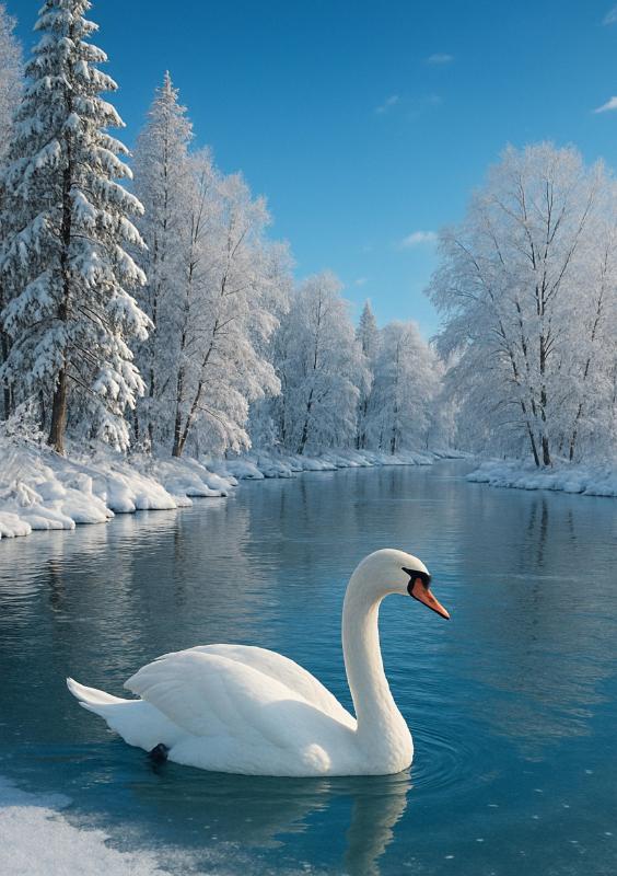 Elegant Swan on Snowy Winter River